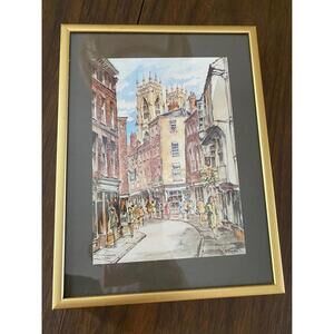 Small Framed Vintage York England Street Scene Print – Petergate & York Minster